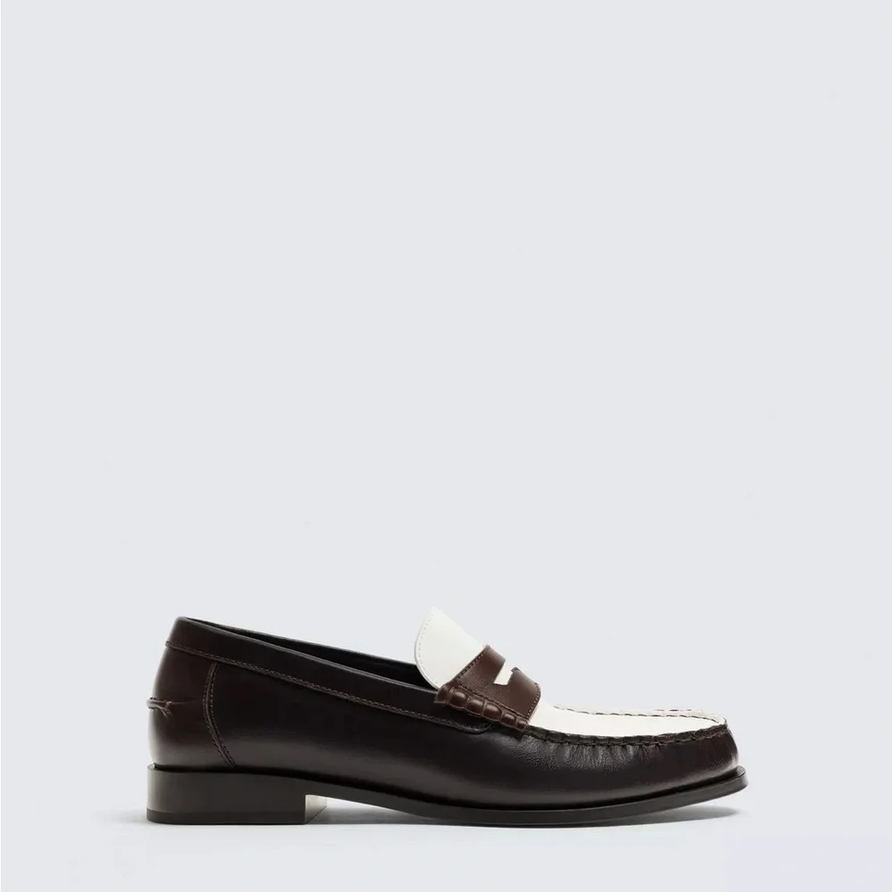 Zara Leather Two Tone Penny Loafers Brown White Preppy Old Money NWT 41 EU 8 US